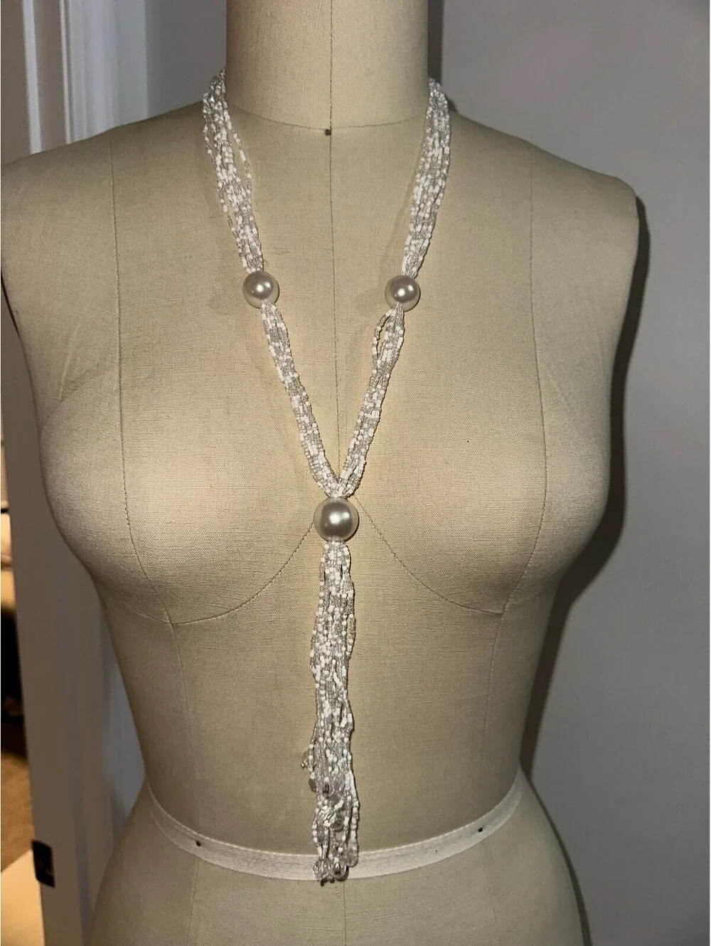 Elegant White Beaded Tassel Necklace with Pearl Accents